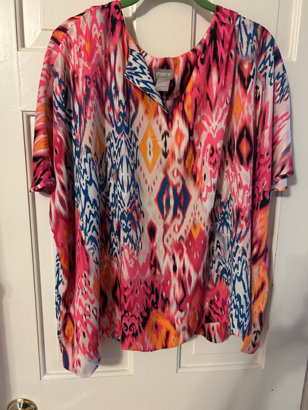 Chico's Pink Blue Orange Ikat-Print V-Neck Blouse